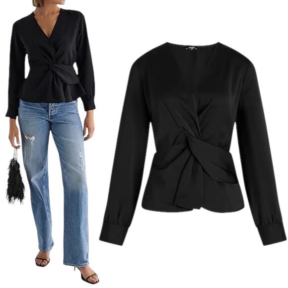 Express V Neck Long Sleeve Twist Front Top Black Size XS - Picture 3 of 9